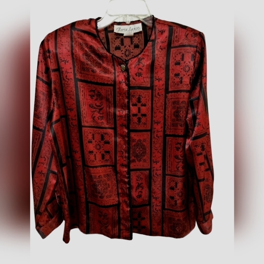 1829)Gloria Lance Petite Red Abstract Patchwork Long Sleeve Button up Top Size L